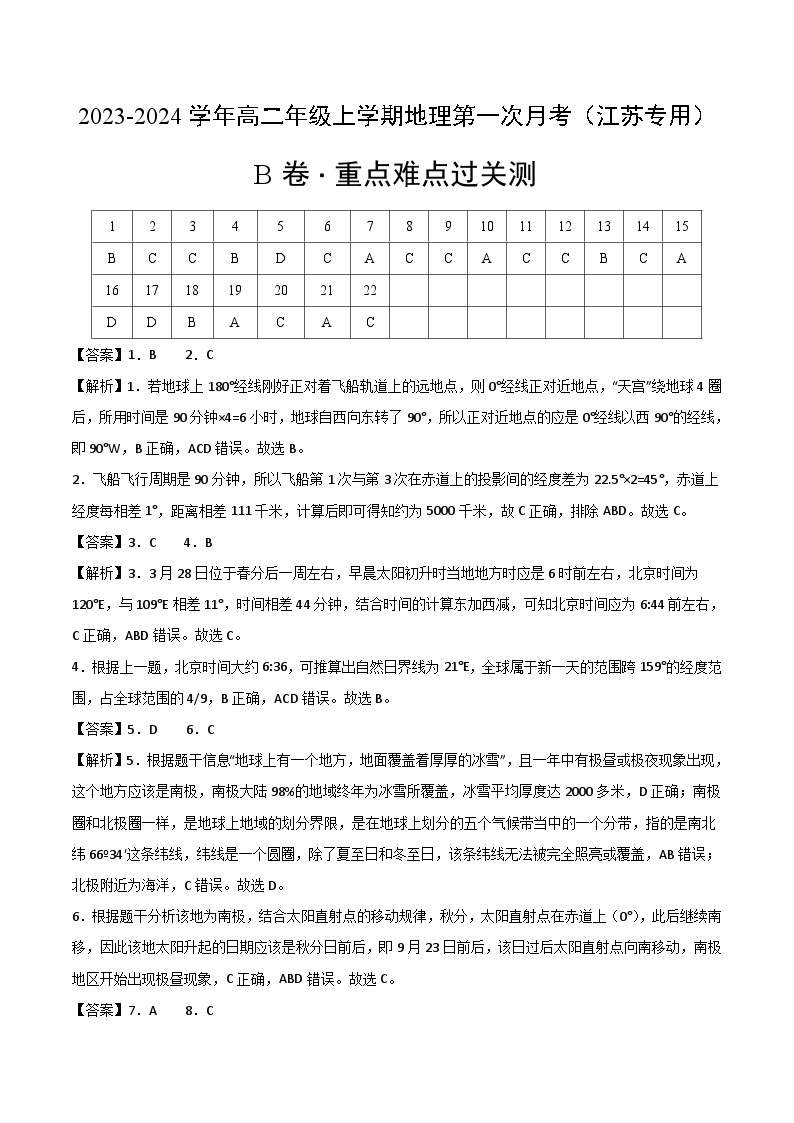 （鲁教版2019 江苏专用）2023-2024学年高二地理上学期 第一次月考试卷.zip01