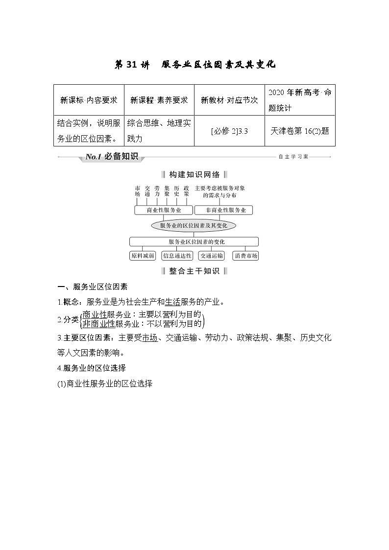新高考地理一轮复习精品学案第31讲　服务业区位因素及其变化（含解析）01
