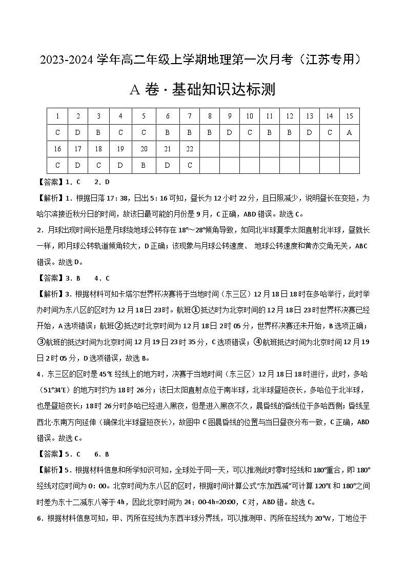 （鲁教版2019）2023-2024学年高二地理上学期 第一次月考试卷01