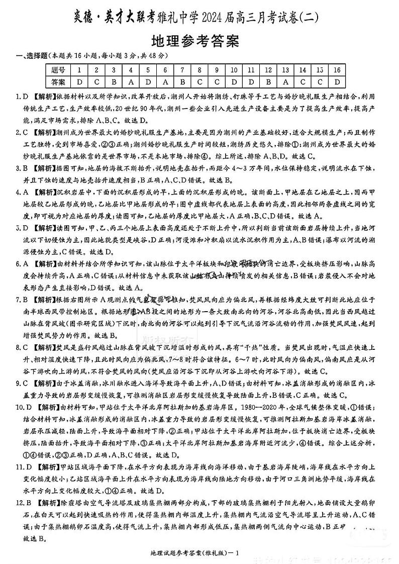 2024湖南省雅礼中学高三上学期月考（二）地理PDF版含解析01