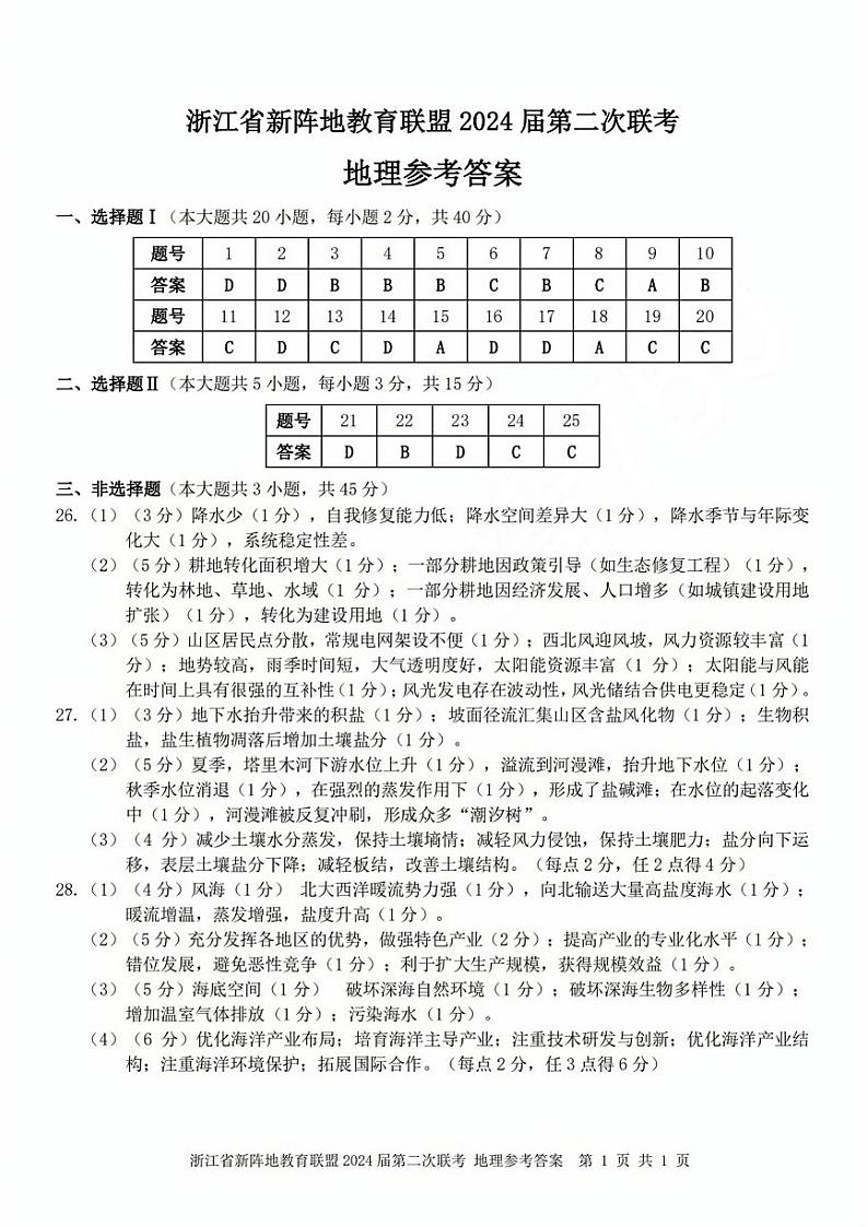 浙江省新阵地教育联盟2024届高三上学期第二次联考地理 试卷01