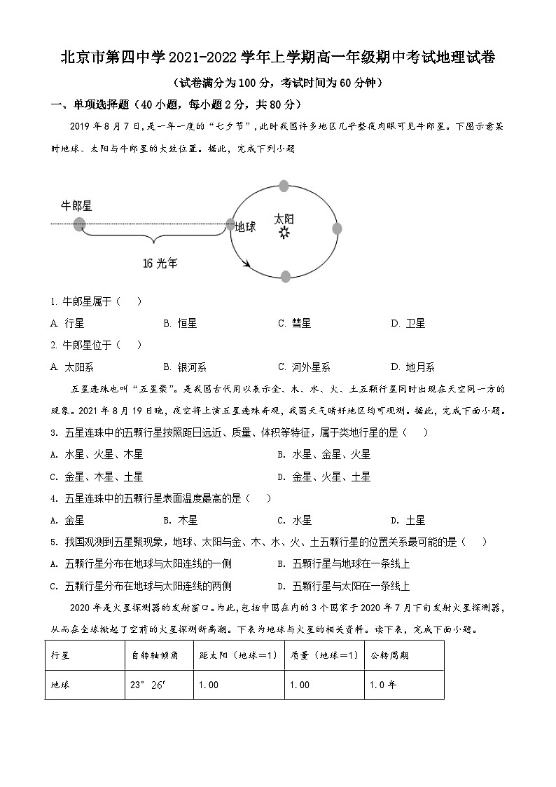 【期中真题】北京市第四中学2021-2022学年高一上学期期中考试地理试题.zip01