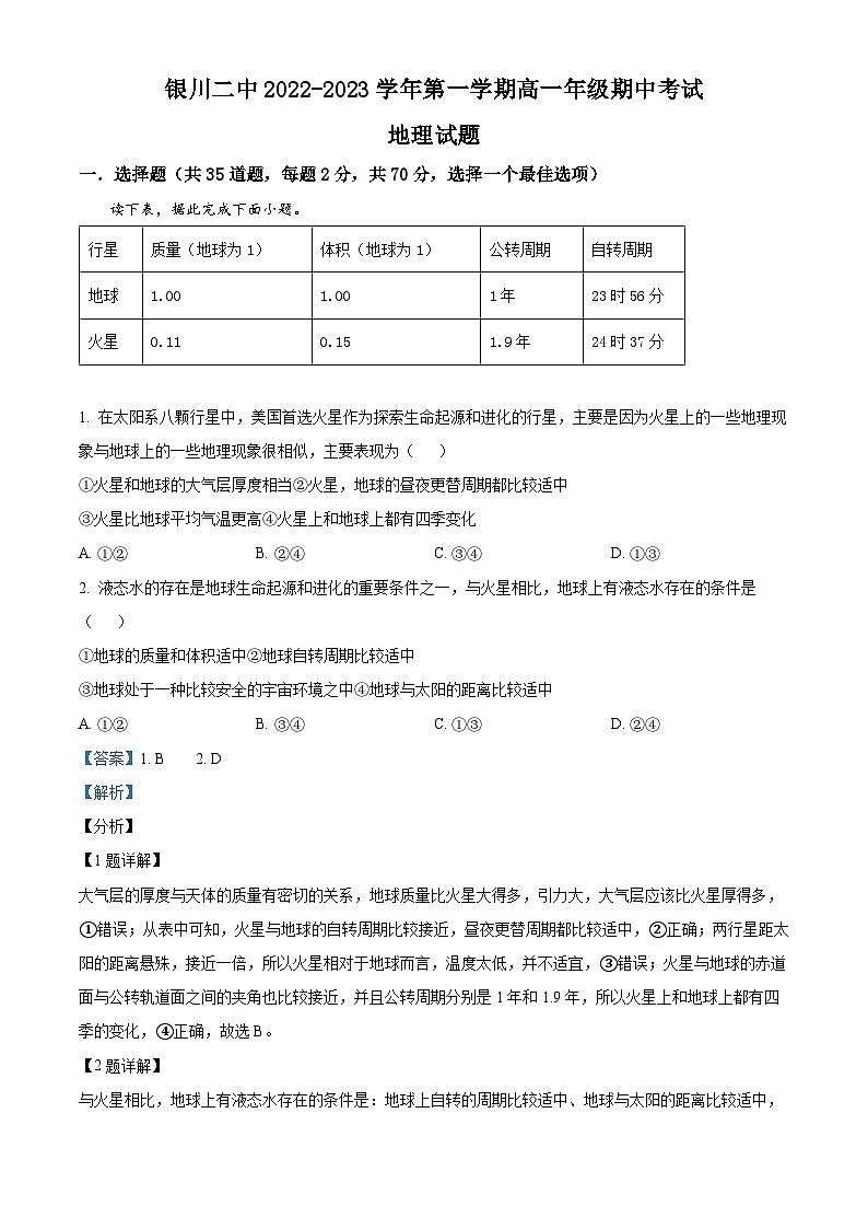 【期中真题】宁夏银川市第二中学2022-2023学年高一上学期期中地理试题.zip01