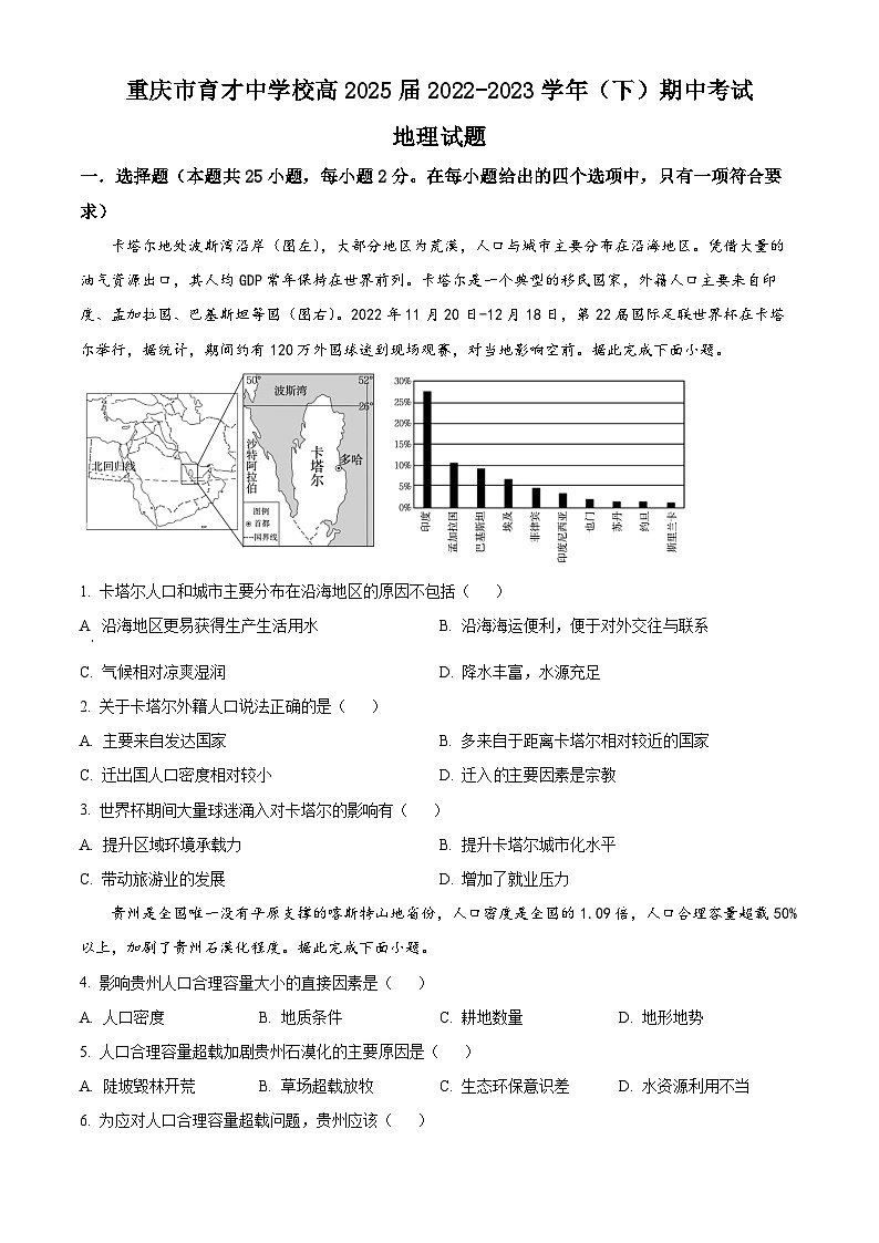 【期中真题】重庆市育才中学校2022-2023学年高一下学期期中地理试题.zip01