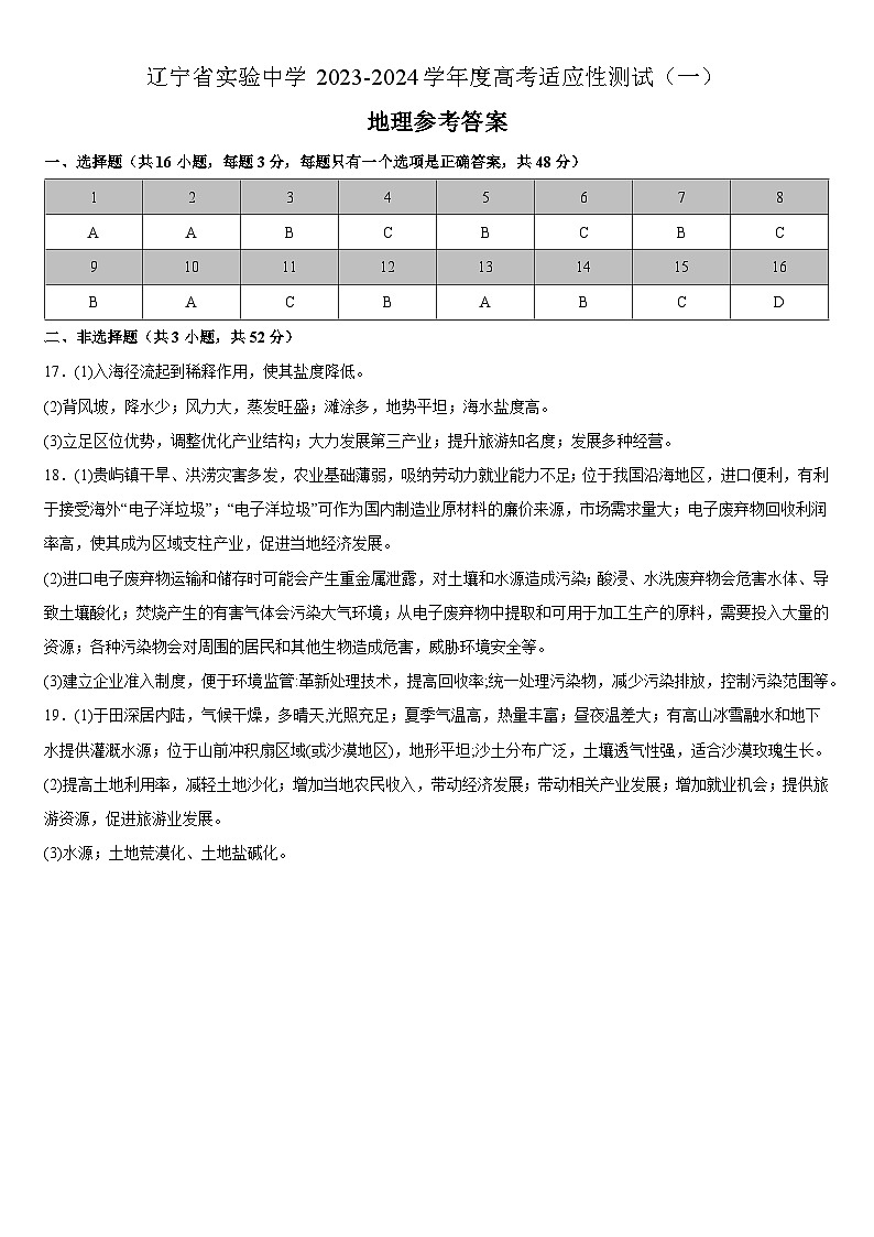 2024辽宁省实验中学高三上学期高考适应性测试（一）地理试题含答案01