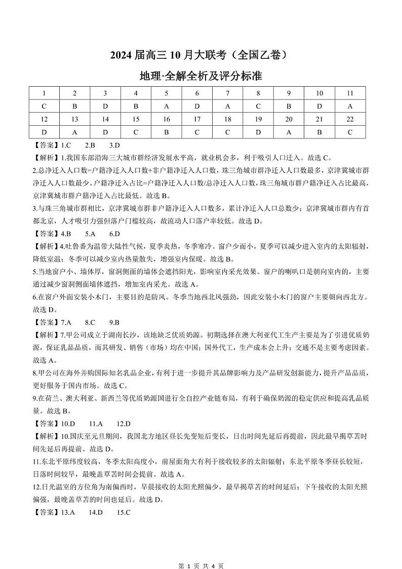 2024届陕西省安康市高新中学高三10月月考地理答案第1页