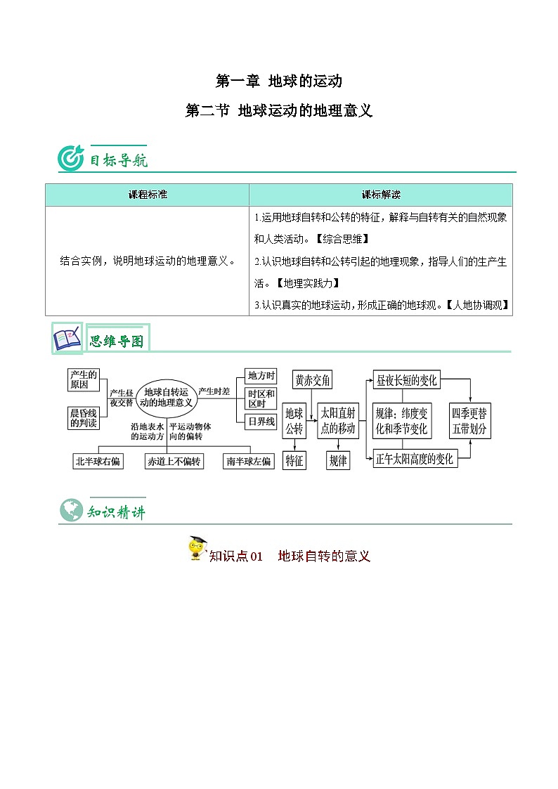 人教版高中地理选择性必修一精品同步讲义1.2 地球运动的地理意义（含解析）01