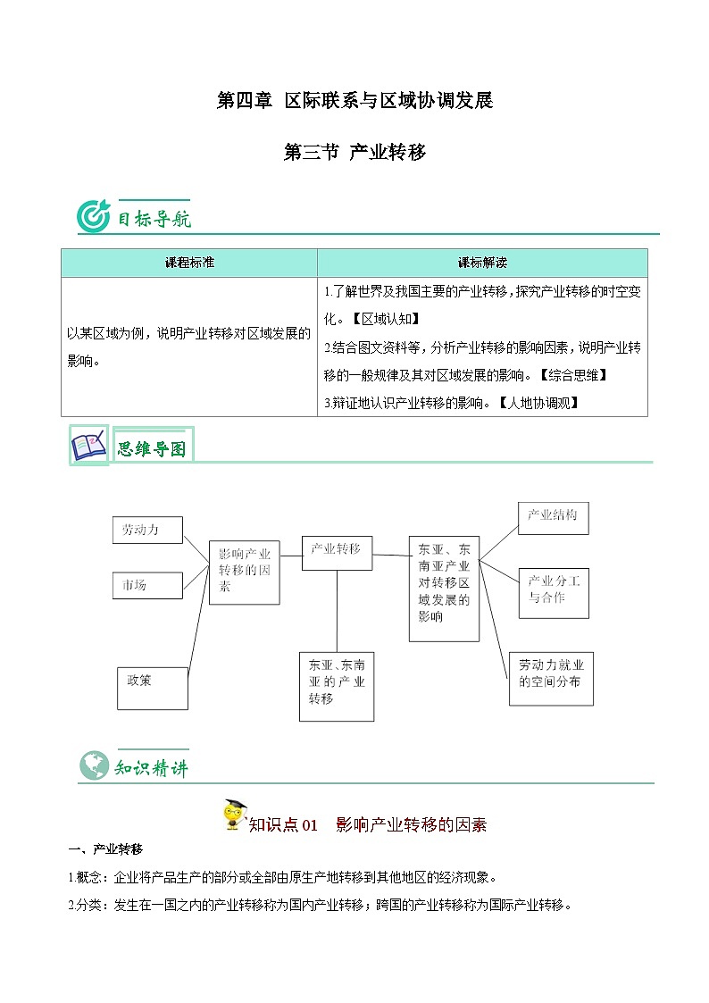 人教版高中地理选择性必修二精品同步讲义4.3 产业转移（含解析）01