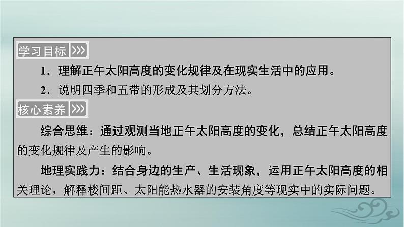 新教材适用2023_2024学年高中地理第1章地球的运动第2节地球运动的地理意义第3课时正午太阳高度的变化四季更替和五带划分课件新人教版选择性必修104