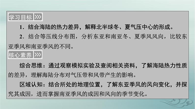 新教材适用2023_2024学年高中地理第3章大气的运动第2节气压带和风带第2课时海陆分布对气压带和风带的影响课件新人教版选择性必修104