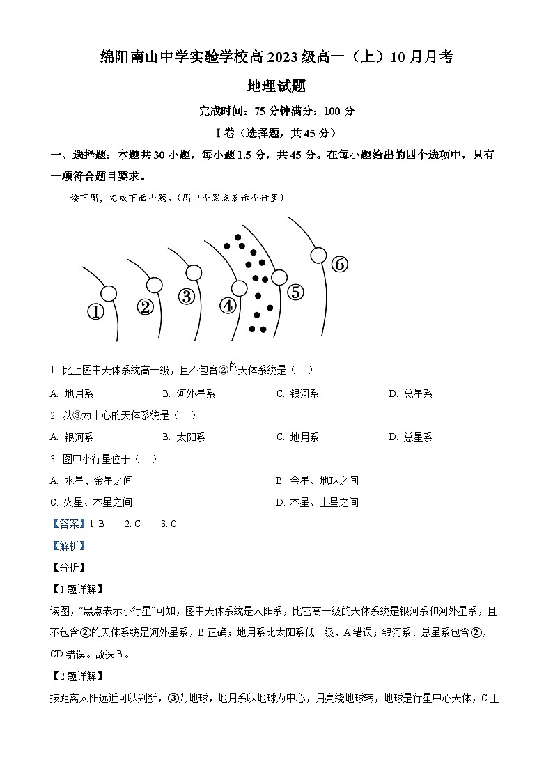 四川省绵阳南山中学实验学校2023-2024学年高一上学期10月月考地理试题  Word版含解析第1页