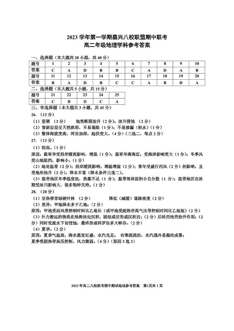 浙江省嘉兴市八校联盟2023-2024学年高二上学期期中联考地理答案第1页