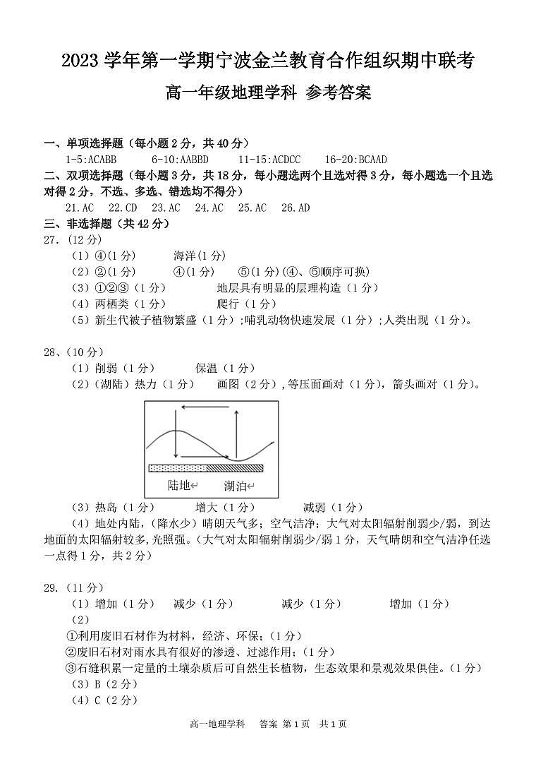 浙江省宁波金兰教育合作组织2023-2024学年高一上学期11月期中联考地理试题（含答案）01