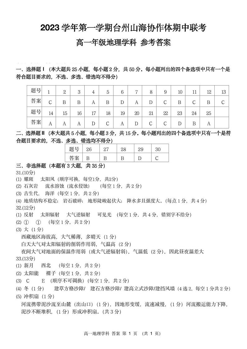 浙江省台州市山海协作体2023-2024学年高一上学期期中联考地理试题（ 含答案）01