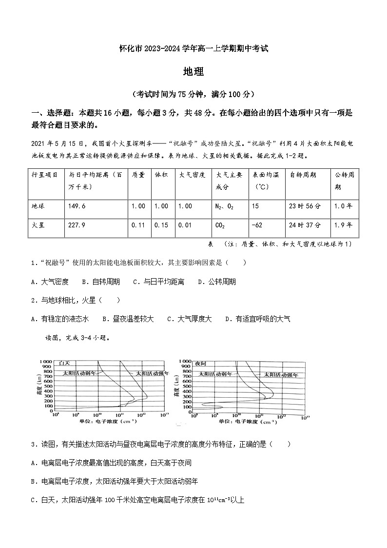 湖南省怀化市2023-2024学年高一上学期期中考试地理试题（含答案）01