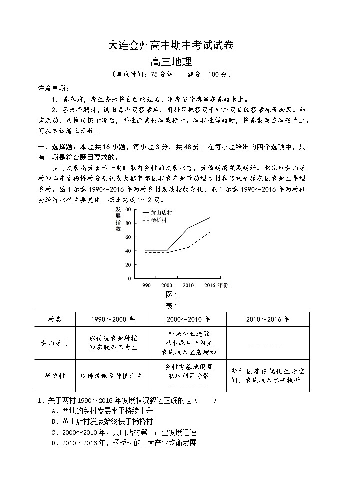 辽宁省大连市金州高级中学2023-2024学年高三地理上学期期中考试试题（Word版附答案）01