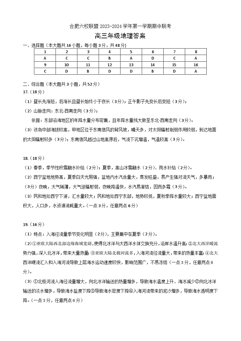 安徽省合肥市六校联盟2023-2024学年高三上学期期中联考地理试题01