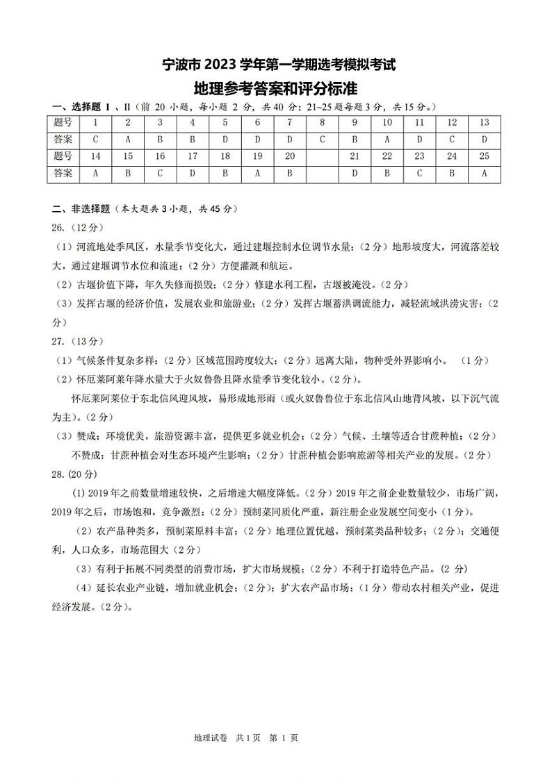 浙江省宁波市2023-2024学年高三上学期选考模拟考试（宁波一模）地理试卷及参考答案01