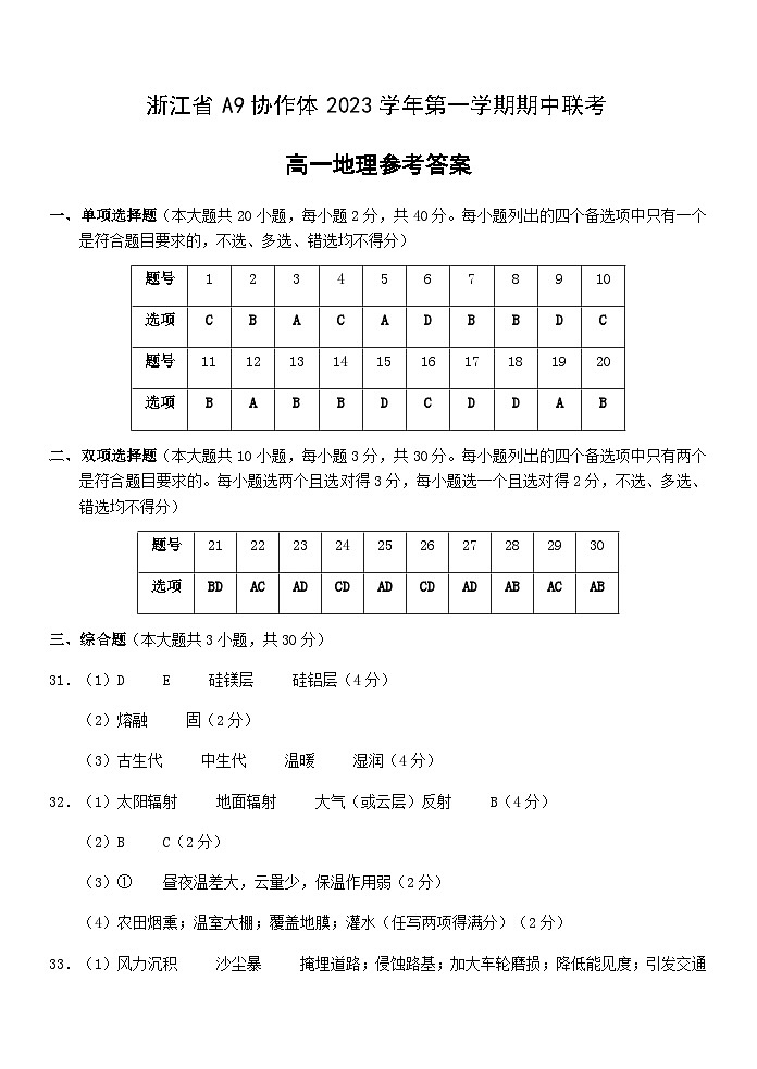 A9地理答案（高一）第1页