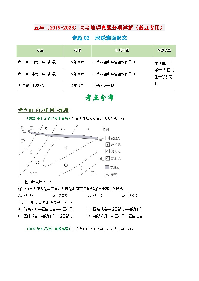 专题02 地球表面形态-学易金卷：五年（2019-2023）高考地理真题分项汇编（浙江专用）01
