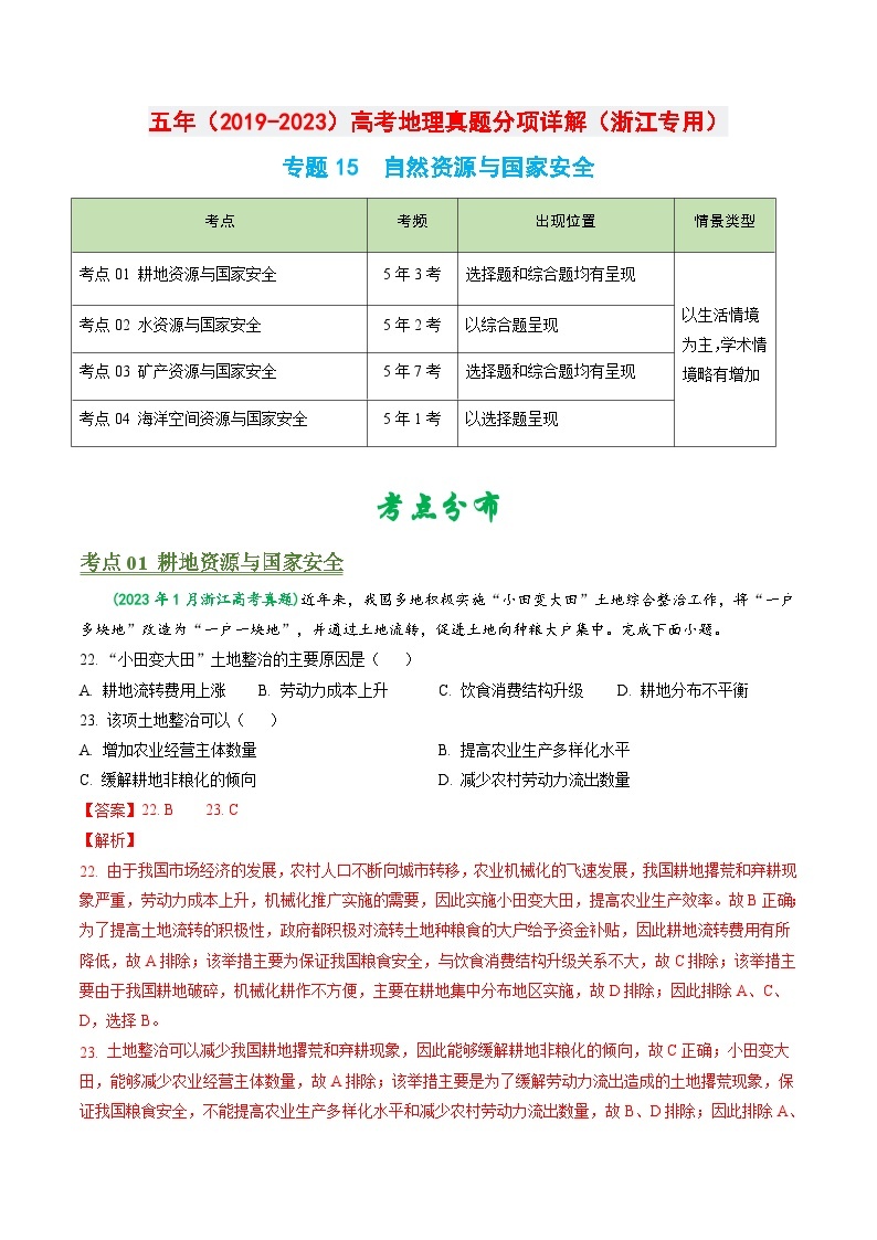 专题15 自然资源与国家安全-五年（2019-2023）高考地理真题分项汇编（浙江专用）01