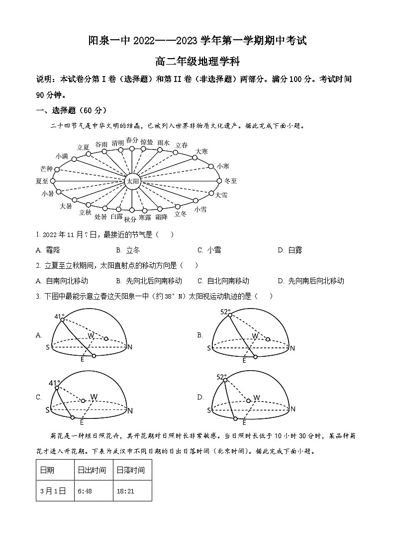 2023阳泉一中高二上学期期中地理试题含解析01