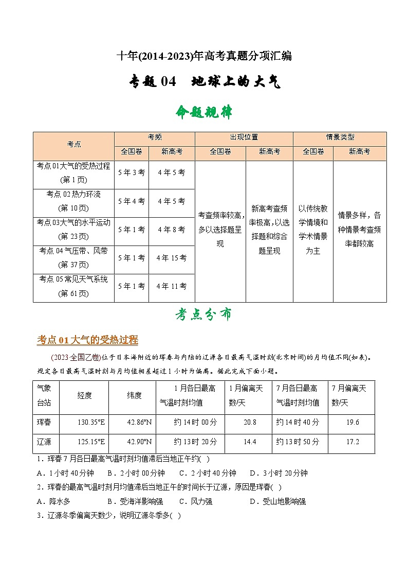 十年(14-23)高考地理真题分项汇编专题04  地球上的大气（含解析）第1页