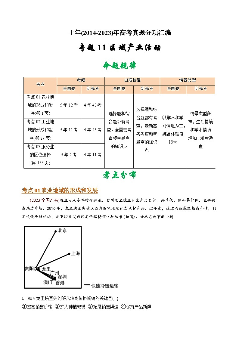 十年(14-23)高考地理真题分项汇编专题11 区域产业活动（含解析）01