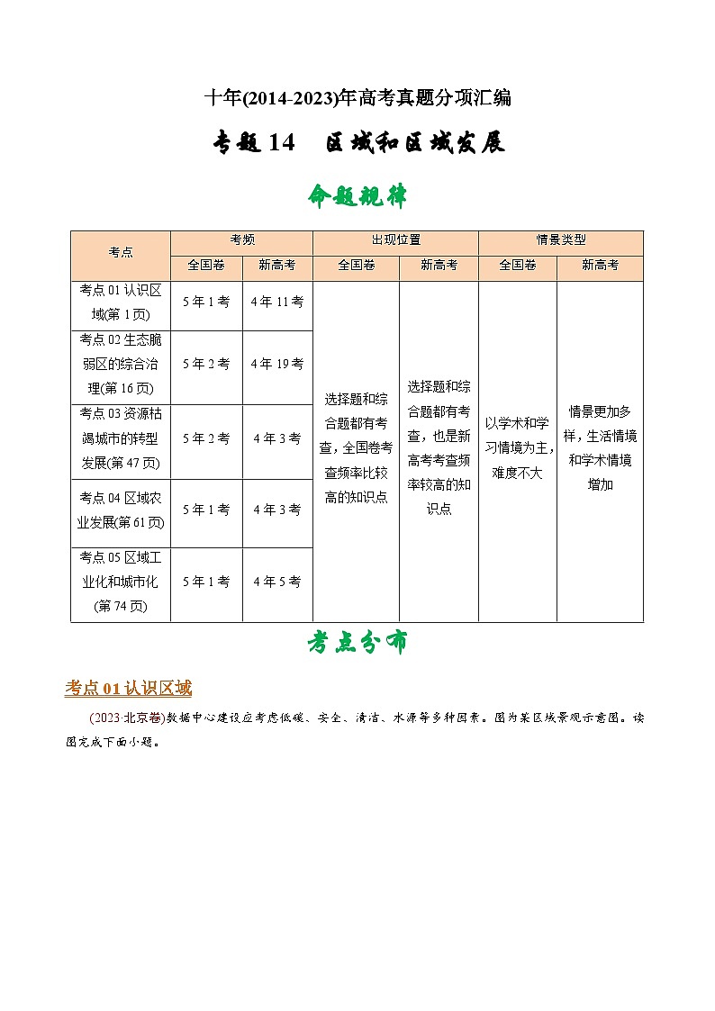 十年(14-23)高考地理真题分项汇编专题14 区域和区域发展 （含解析）01