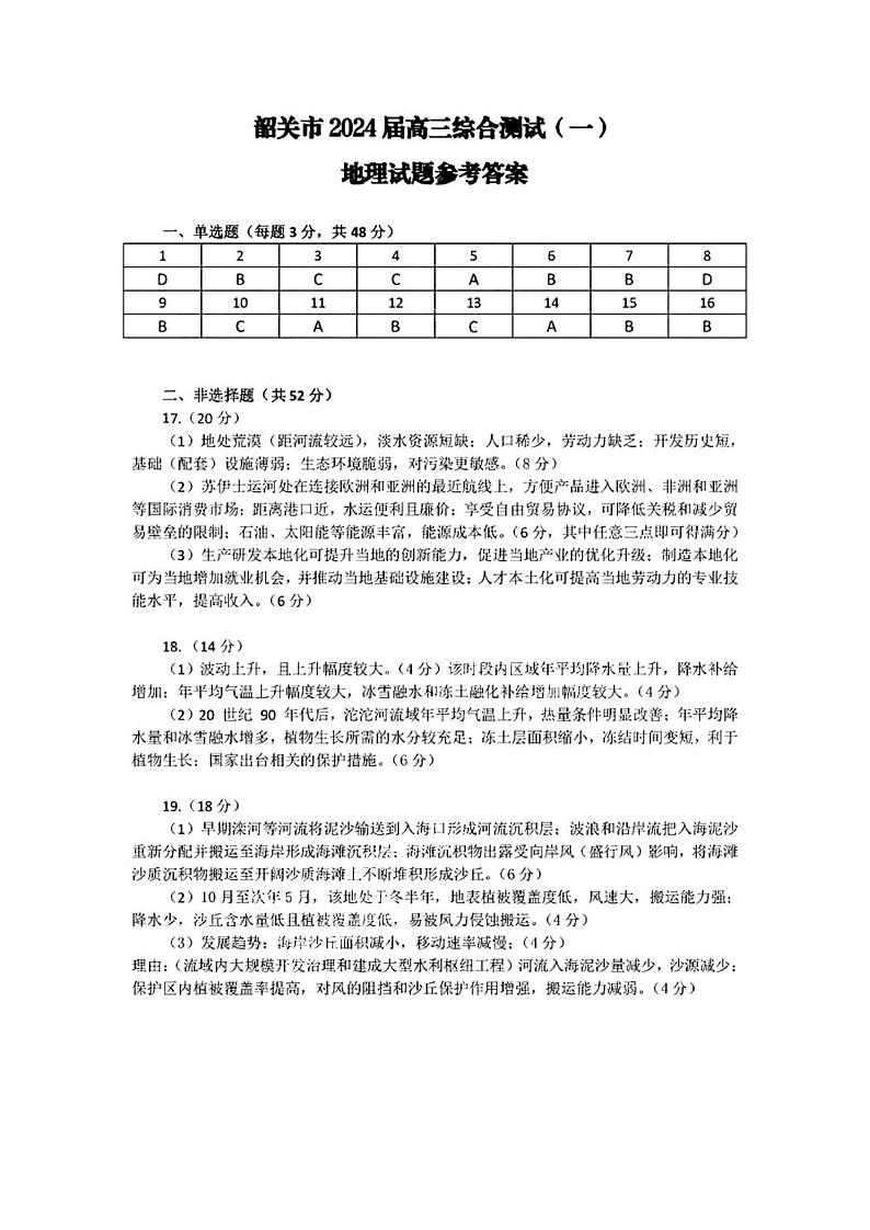 2024韶关高三上学期综合测试（一）地理PDF版含答案01