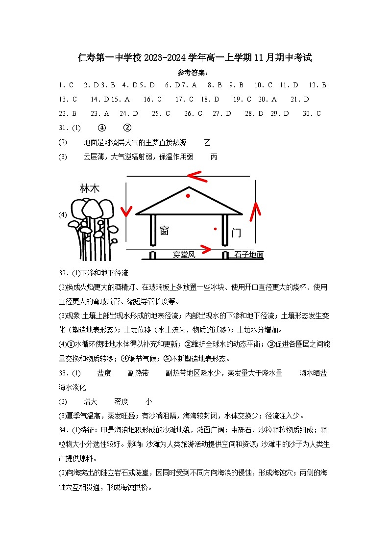 四川省眉山市仁寿第一中学校2023-2024学年高一上学期11月期中考试地理试题（含答案）01