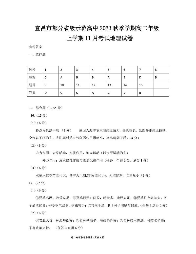 2023年11月高二地理参考答案第1页