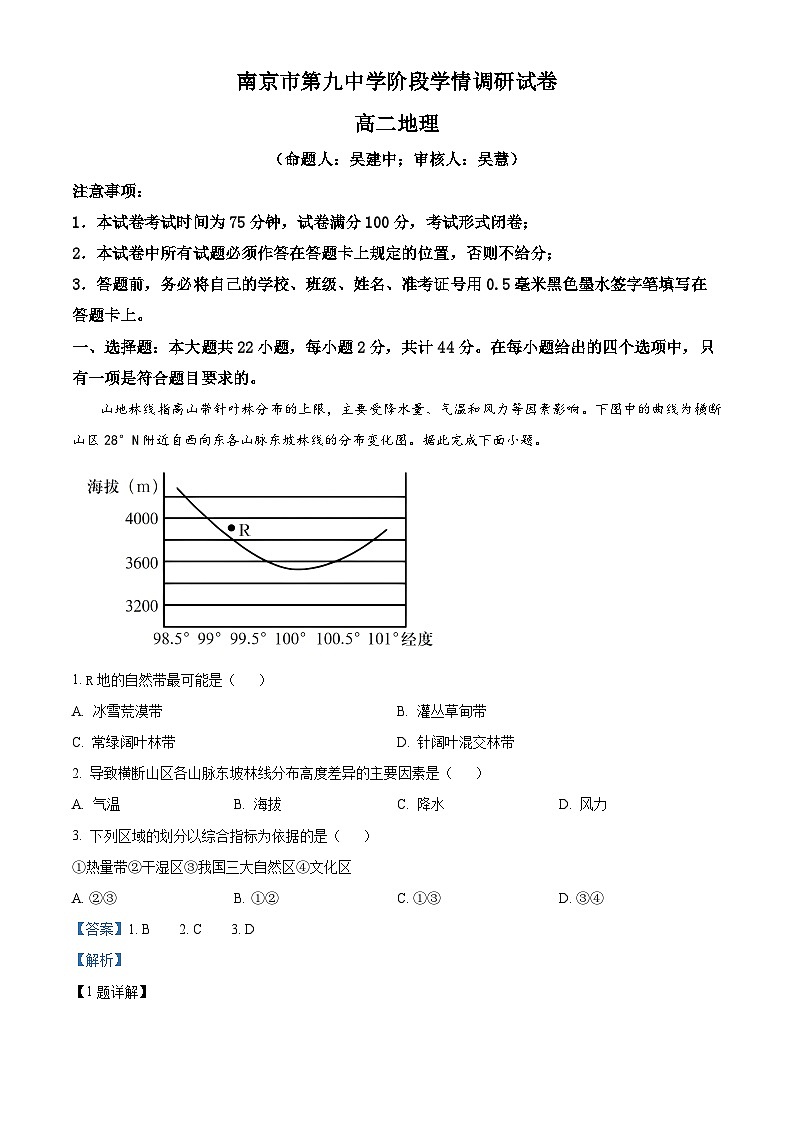 2024南京九中高二上学期10月月考地理试题含解析01
