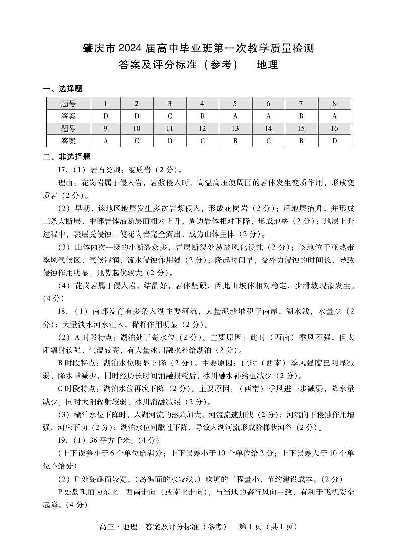 肇庆高三一测地理答案第1页