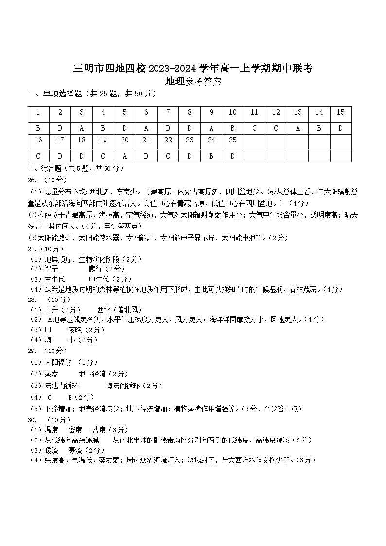 福建省三明市四地四校2023-2024学年高一上学期期中联考地理答案第1页