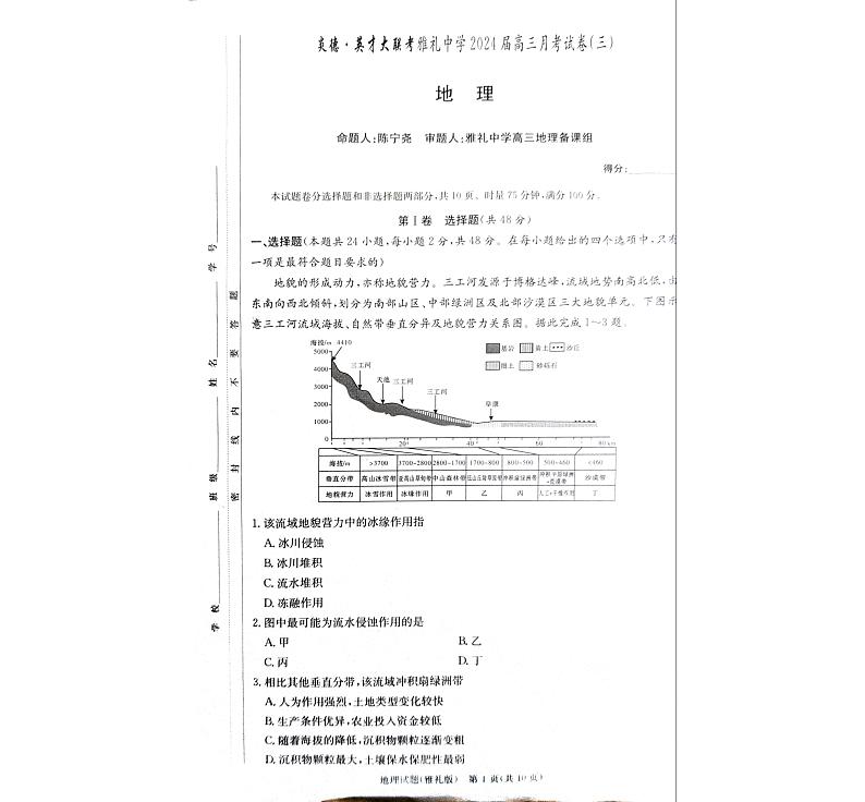 湖南省长沙市雅礼中学2024届高三月考地理试卷（三）第1页