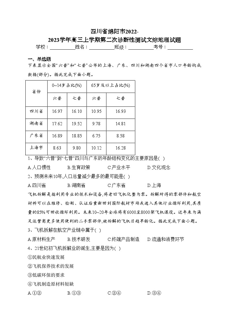 四川省绵阳市2022-2023学年高三上学期第二次诊断性测试文综地理试题(含答案)01