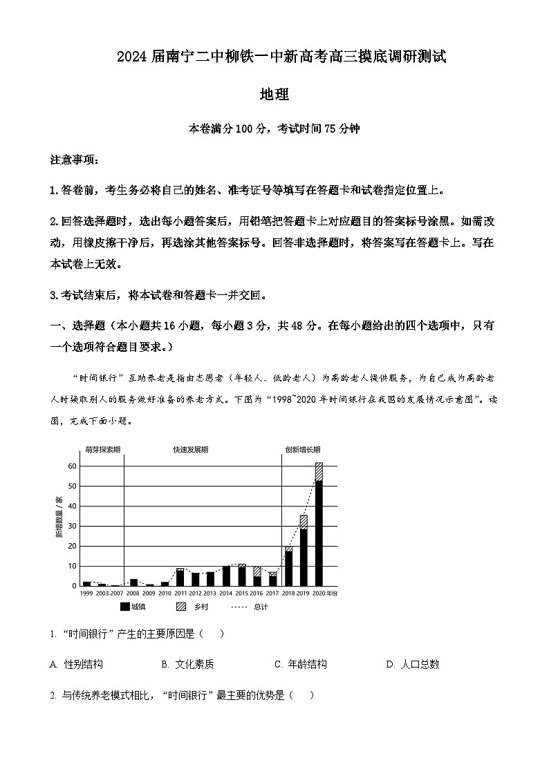 2023-2024学年广西南宁市第二中学、柳州铁一中学高三上学期开学摸底调研测试地理试题含答案第1页