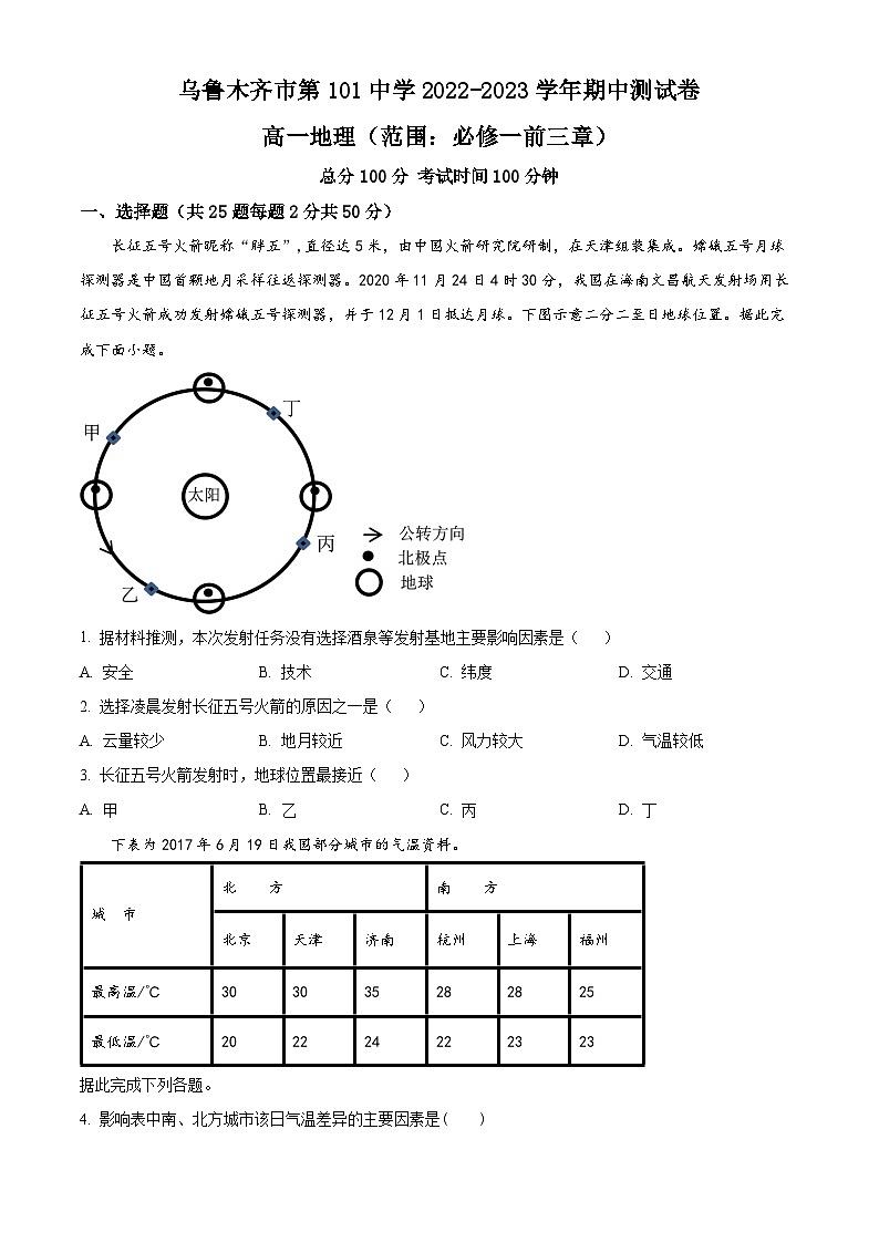 新疆维吾尔自治区乌鲁木齐市第101中学2022-2023学年高一上学期期中考试地理试题无答案第1页