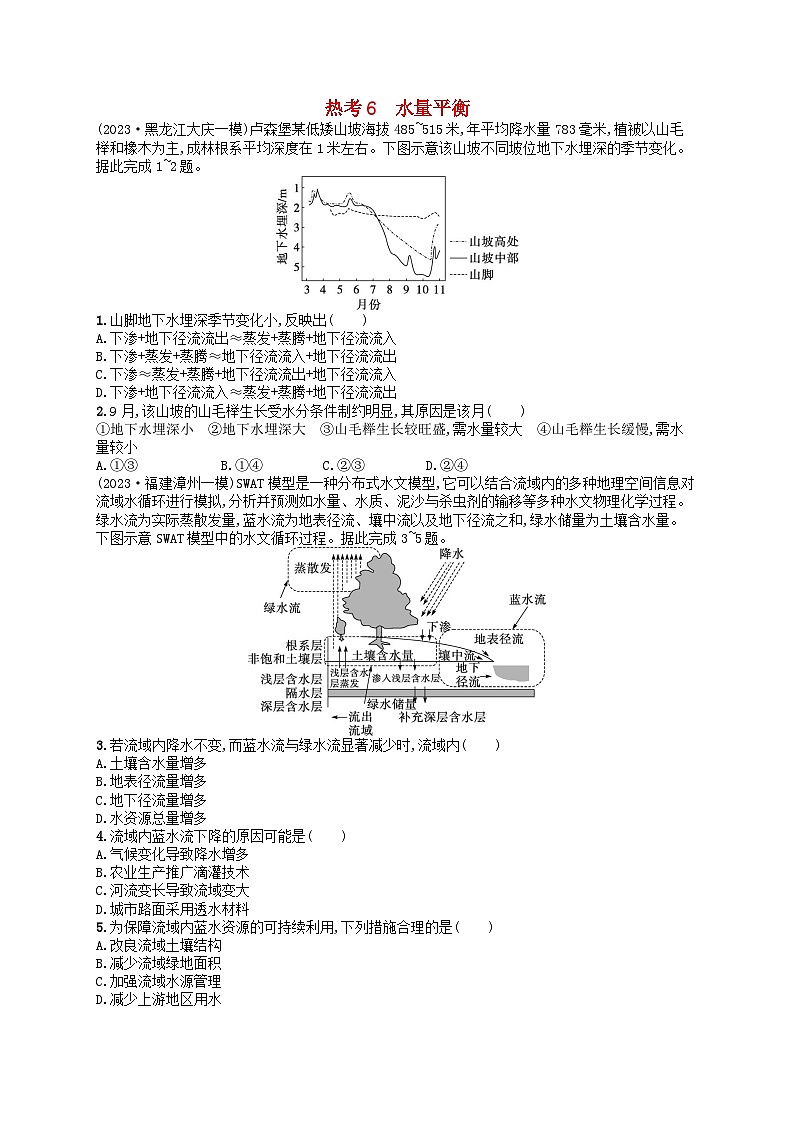 适用于老高考旧教材2024版高考地理二轮复习热考情境专项练热考6水量平衡（附解析）第1页