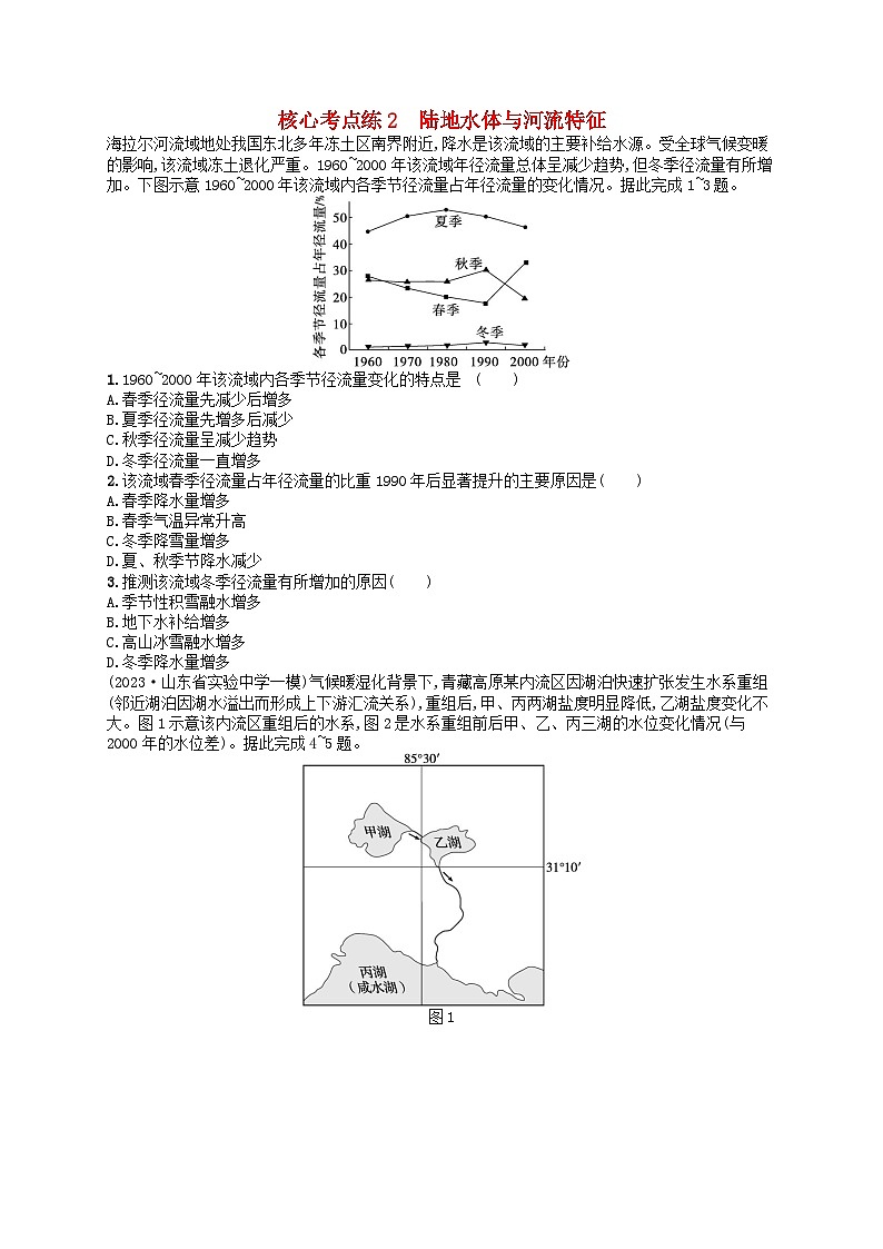 适用于老高考旧教材2024版高考地理二轮复习素养升级练专题3水体运动规律核心考点练2陆地水体与河流特征（附解析）01