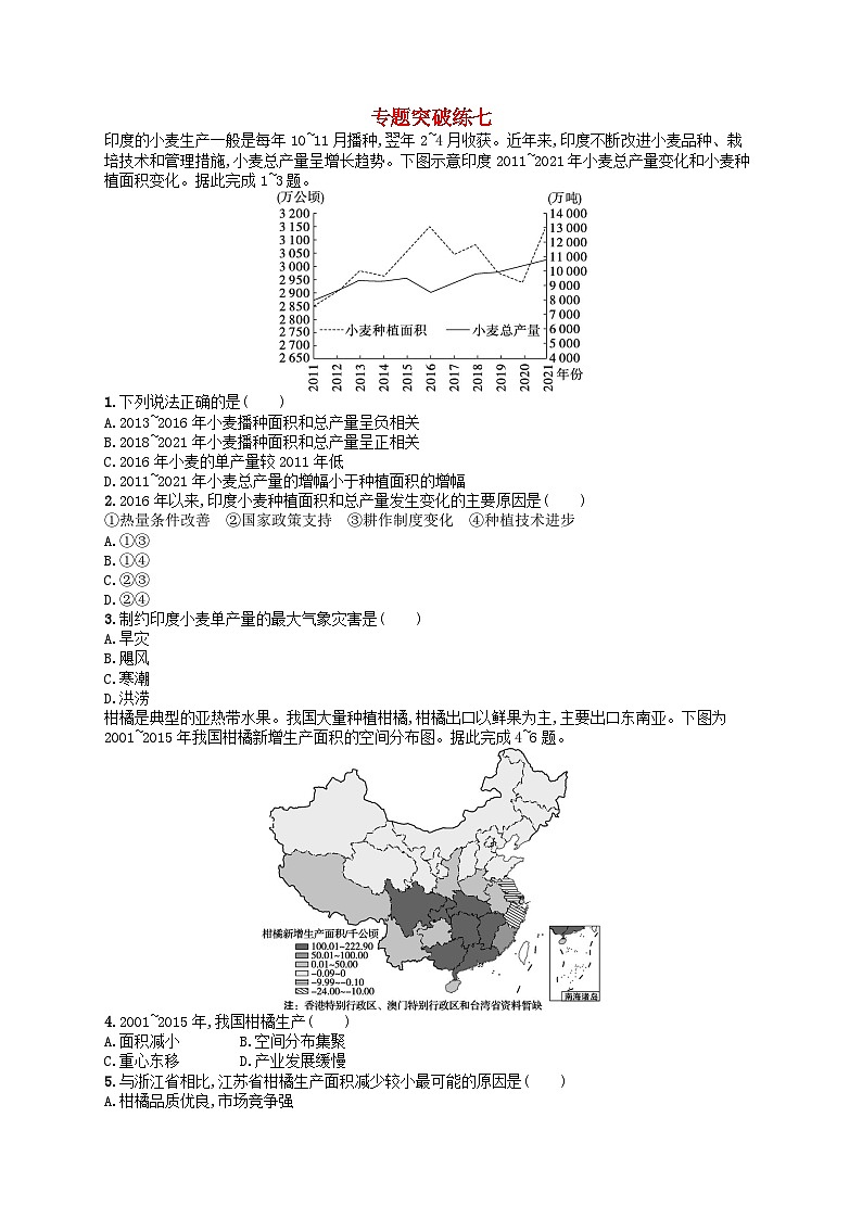 适用于老高考旧教材2024版高考地理二轮复习素养升级练专题7农业区位与区域农业发展（附解析）01
