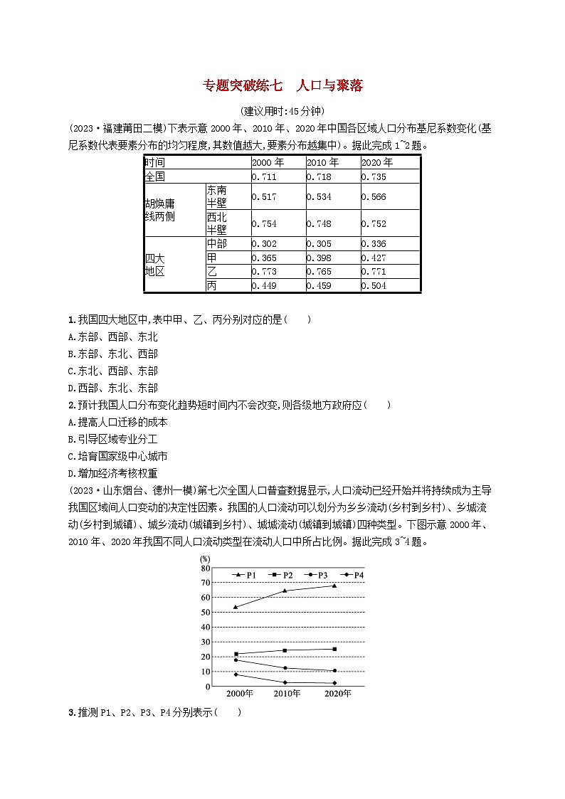 适用于新高考新教材2024版高考地理二轮复习专题突破练七人口与聚落（附解析）第1页