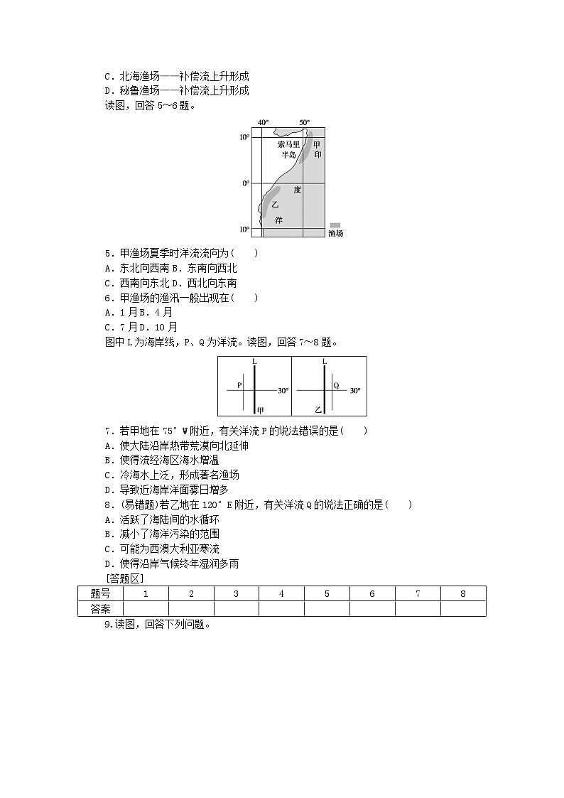 2023版新教材高中地理第四章地球上水的运动与能量交换第二节世界洋流的分布与影响课时作业中图版选择性必修103