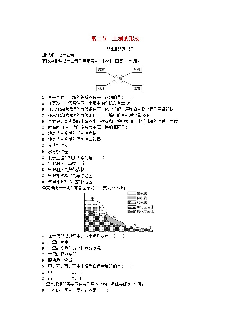2024版新教材高中地理第五章地球上的植被与土壤第二节土壤的形成课时作业湘教版必修第一册01