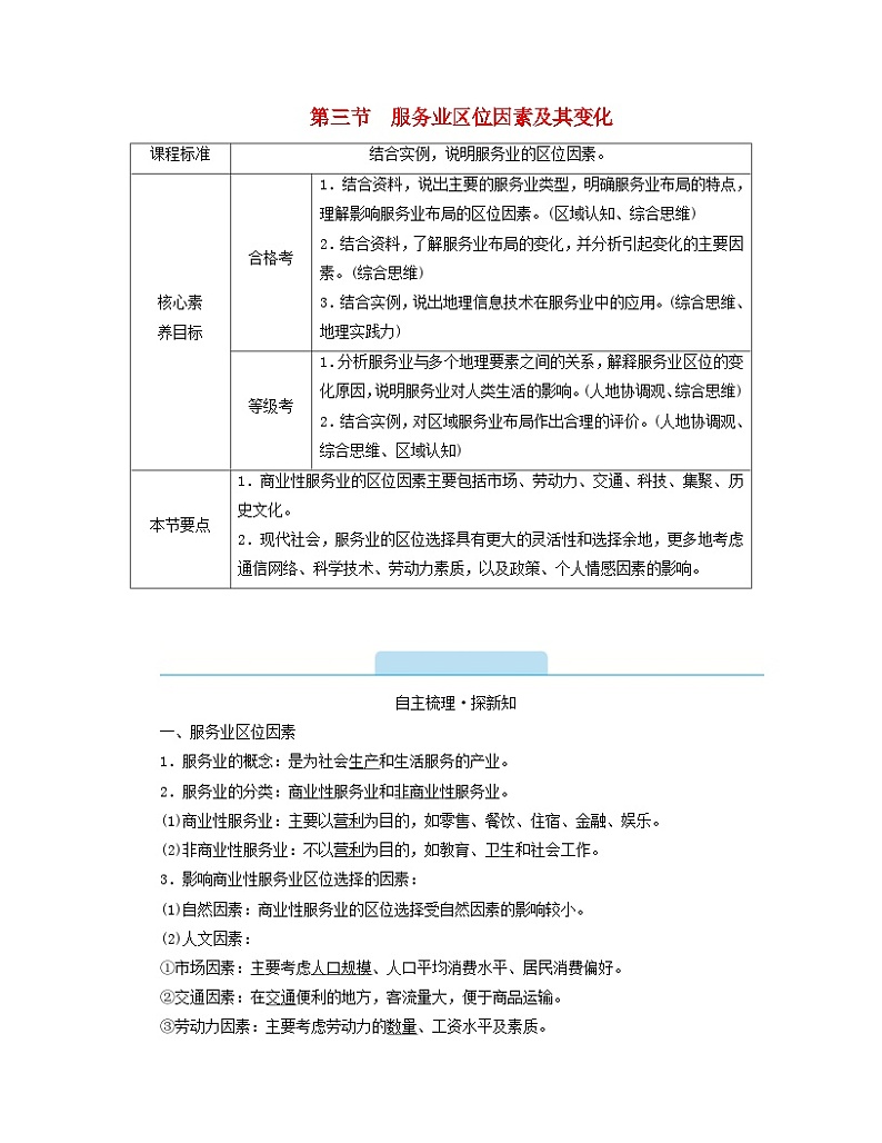 新教材2023年高中地理第3章产业区位因素第3节服务业区位因素及其变化学案新人教版必修第二册第1页
