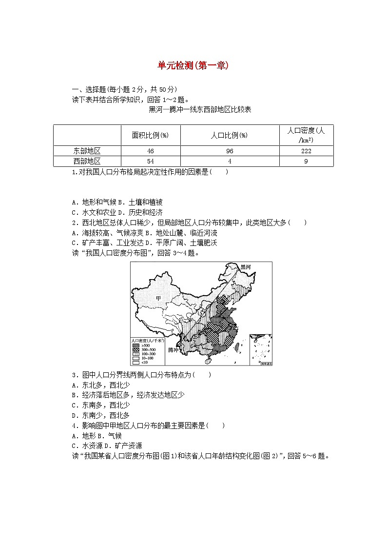 2024版新教材高中地理单元检测第一章人口分布迁移与合理容量中图版必修第二册第1页