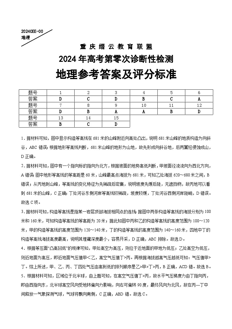 重庆市缙云教育联盟2024届高三上学期高考第零次诊断性检测试卷地理01