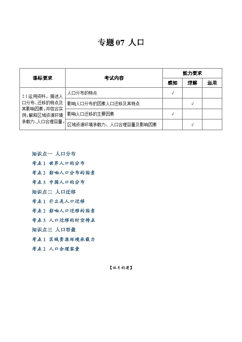 【学考复习】2024年高中地理学业水平考试必备考点归纳与测试（新教材专用）专题07 人口（知识梳理）-讲义01