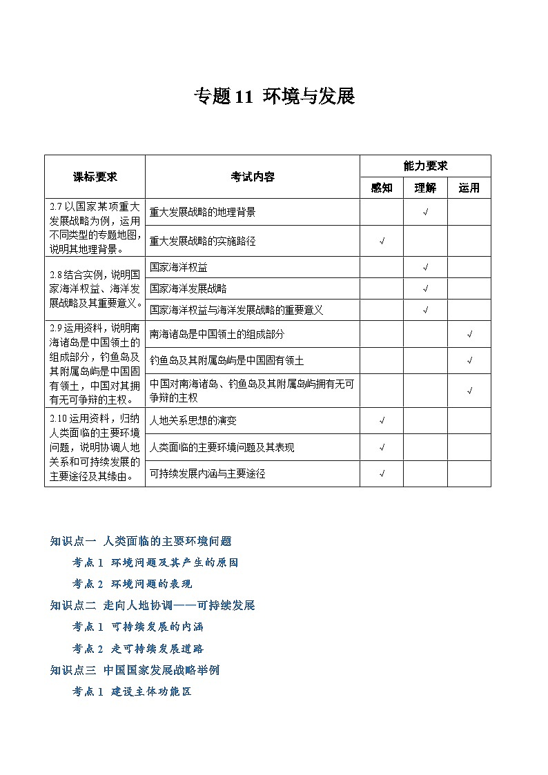 【学考复习】2024年高中地理学业水平考试必备考点归纳与测试（新教材专用）专题11 环境与发展（知识梳理）-讲义01